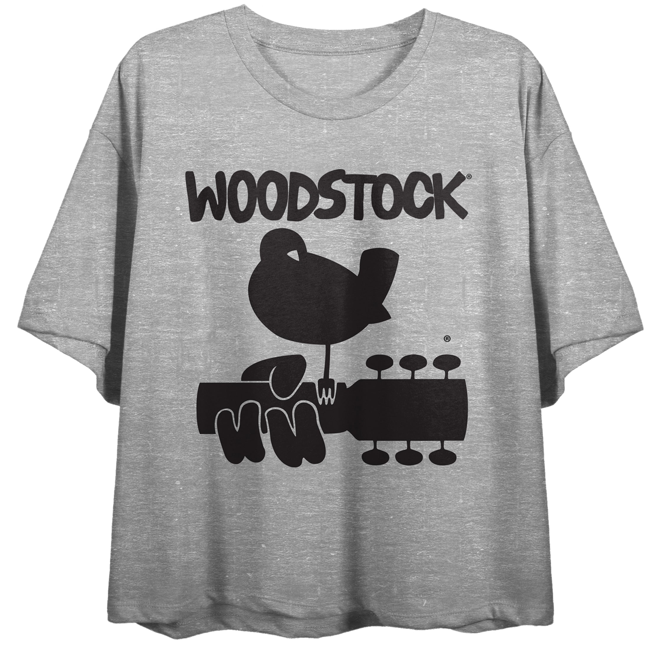 Woodstock Single Color Logo Women's Heather Gray Crop Tee with Short Sleeves and Crew Neck