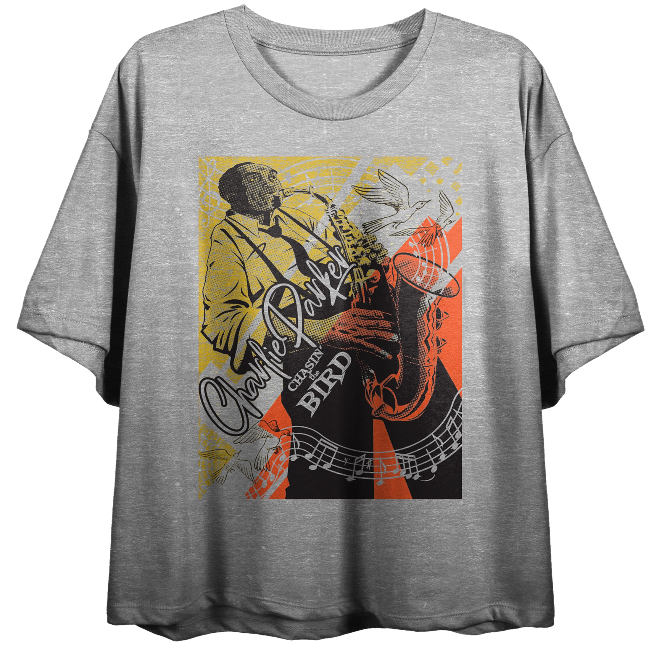 Charlie Parker Music Notes Poster Art Crew Neck Short Sleeve Gray Heather Women's Crop Top