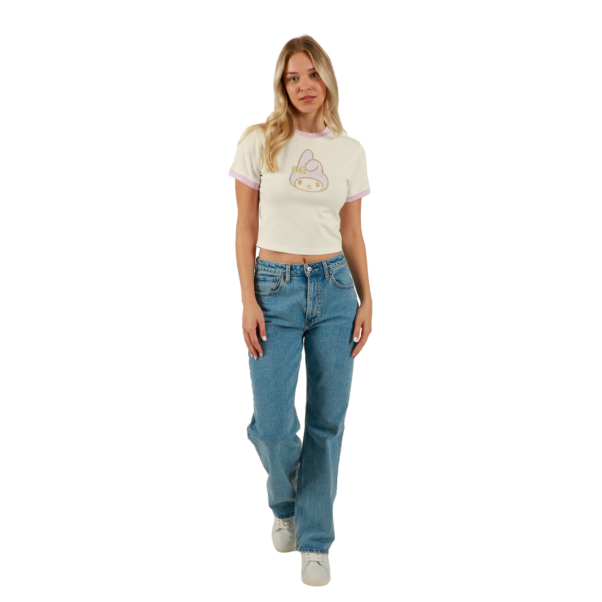 My Melody Character Face Rhinestone Chest Art Crew Neck Short Sleeve Women's White Crop Baby Tee