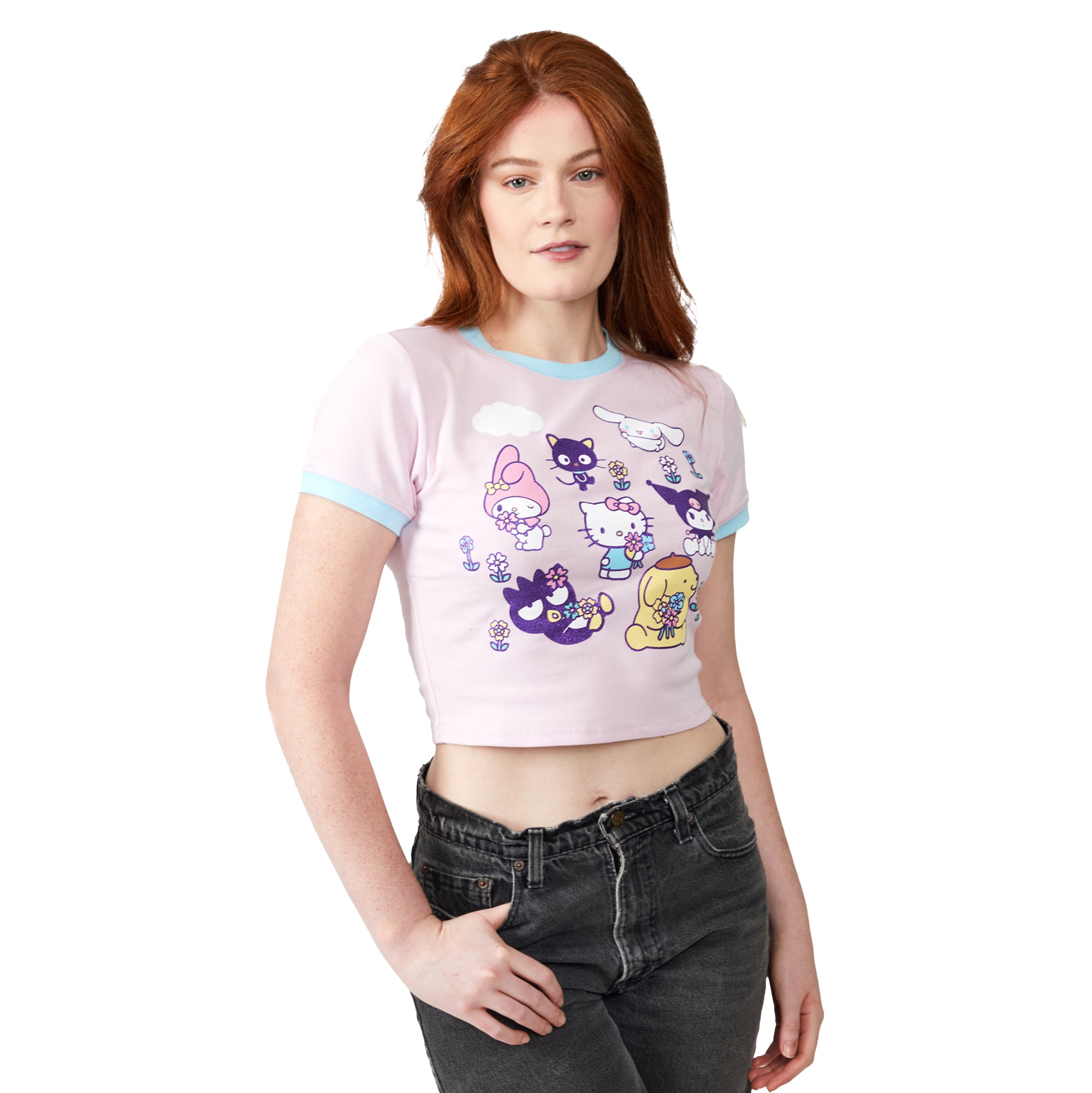Hello Kitty & Friends Smell The Flowers Glitter Print Crew Neck Short Sleeve Pink Women's Crop TopTee