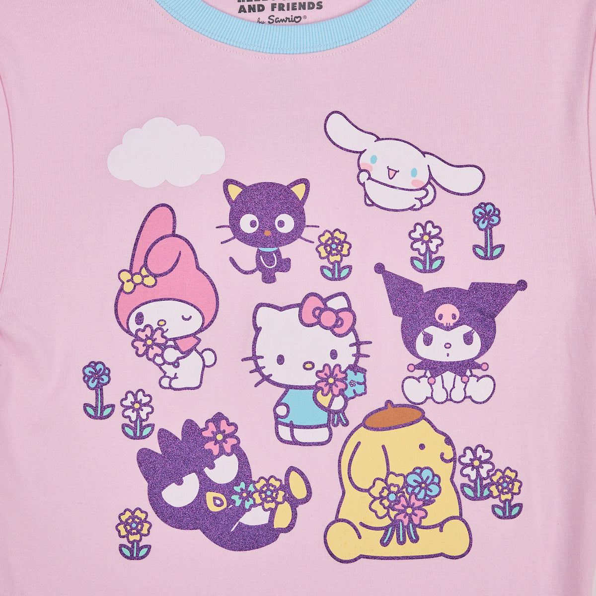 Hello Kitty & Friends Smell The Flowers Glitter Print Crew Neck Short Sleeve Pink Women's Crop TopTee