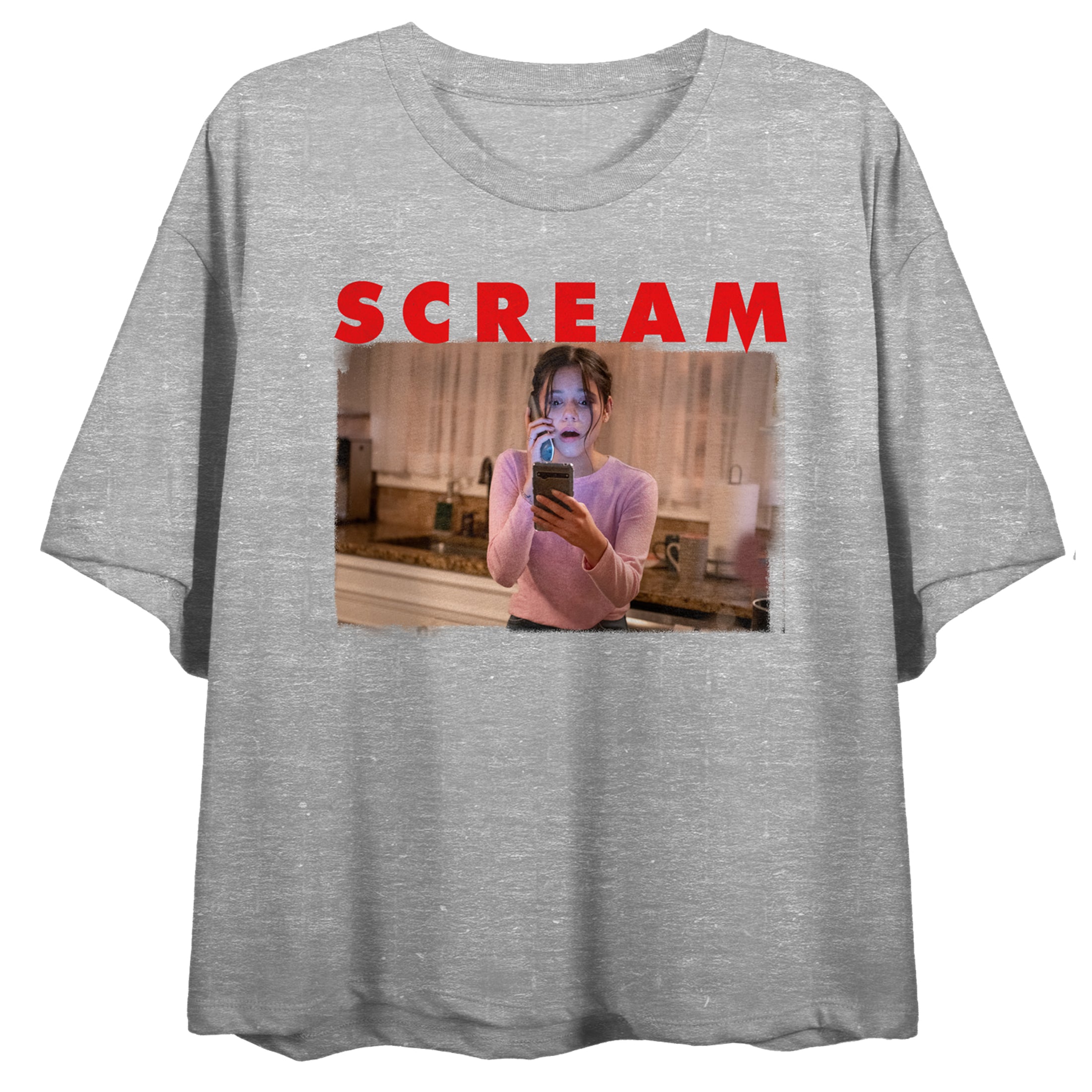 Scream 5 Tara Screenshot Crew Neck Short Sleeve Gray Heather Women's Crop Top