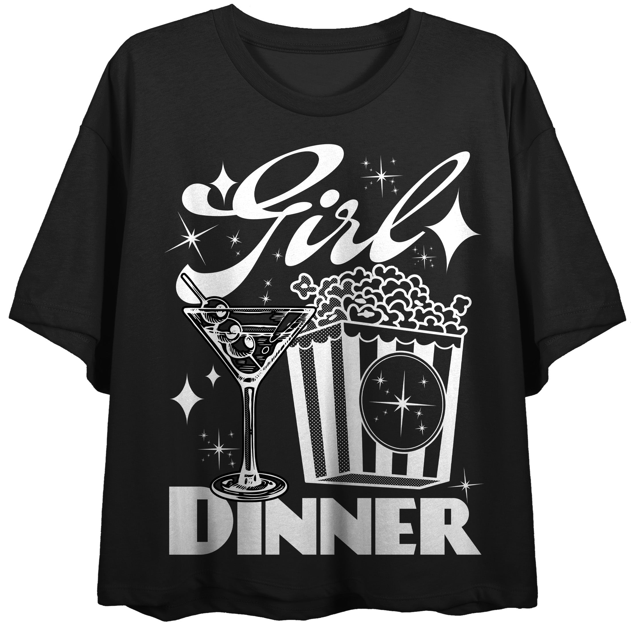 Girl Dinner Martini & Popcorn Crew Neck Short Sleeve Women's Black Crop Top