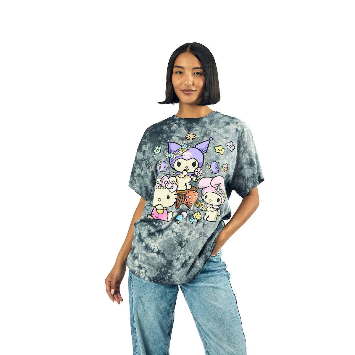Kuromi, My Melody and Hello Kitty Puff Print Mushroom Scene Women's Black Cloud Wash Crew Neck Short Sleeve T-shirt