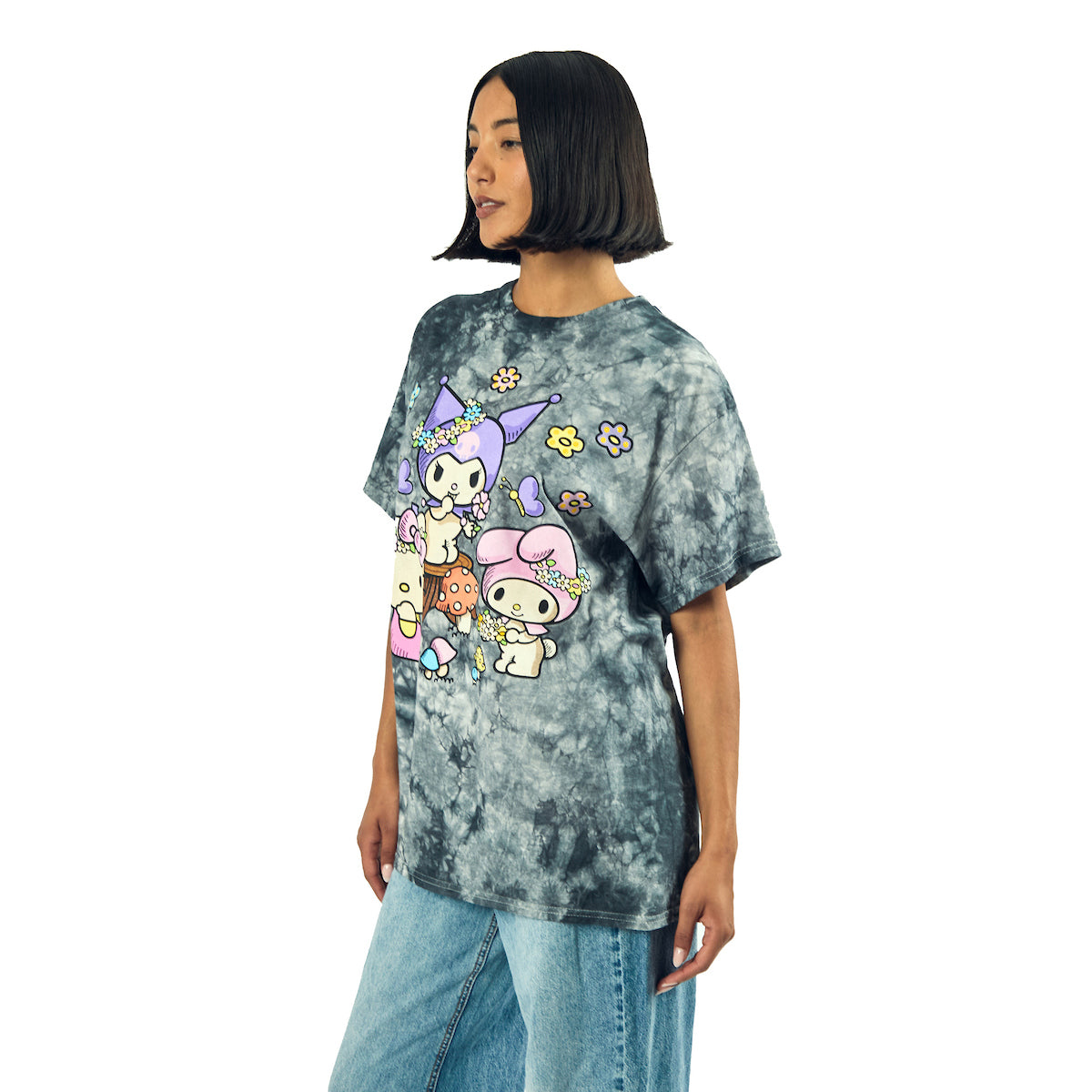 Kuromi, My Melody and Hello Kitty Puff Print Mushroom Scene Women's Black Cloud Wash Crew Neck Short Sleeve T-shirt