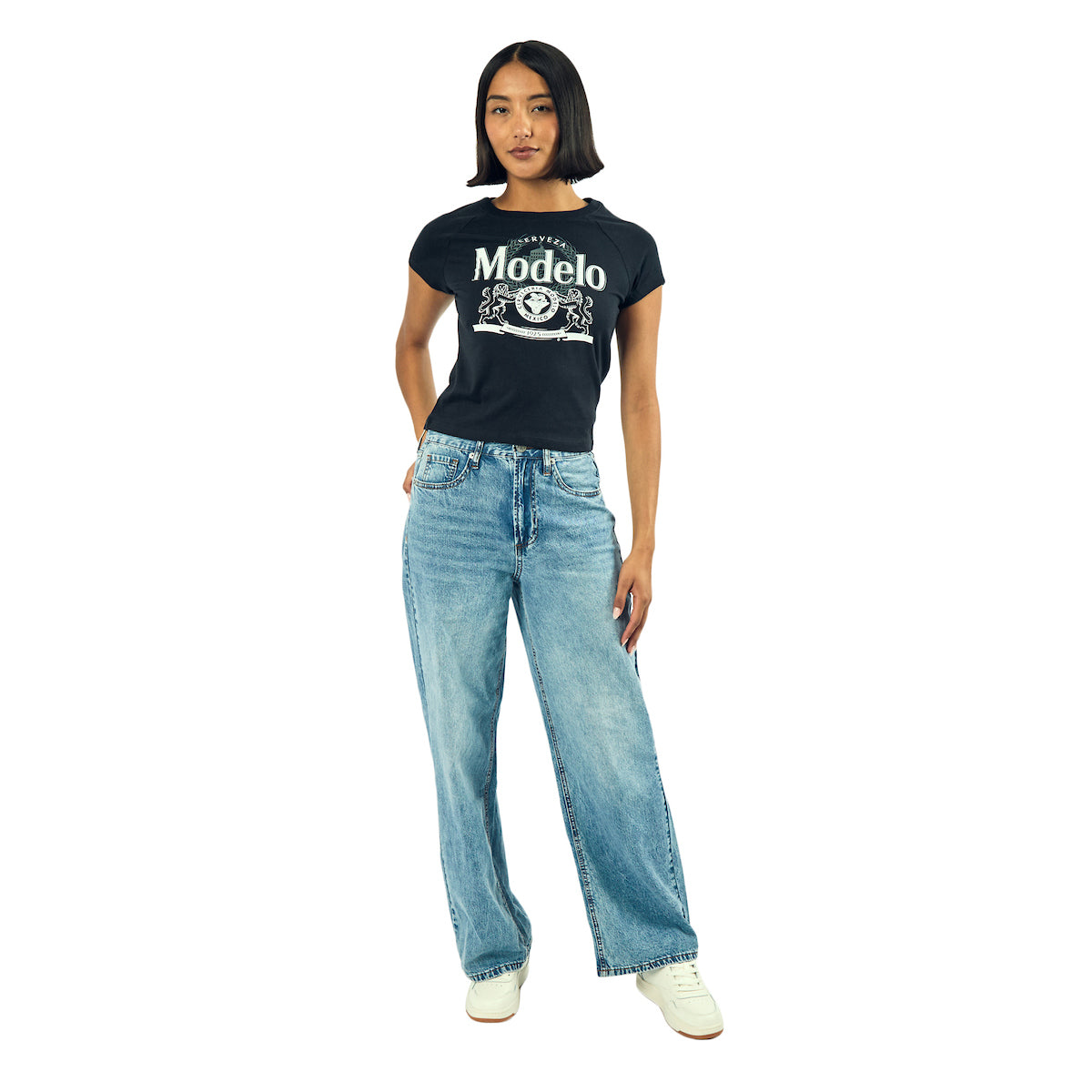 Modelo Logo Women's Black Crew Neck Short Sleeve Baby Raglan Tee