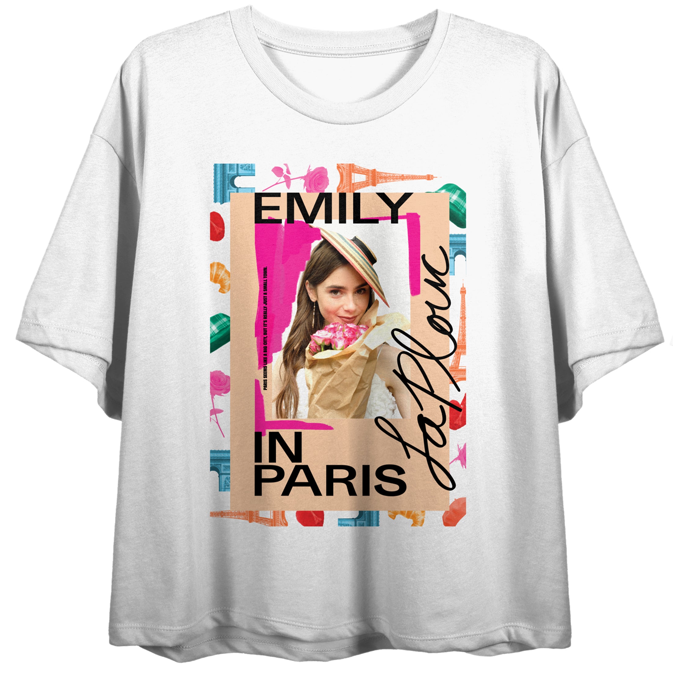Emily In Paris Colorful Photo Art Crew Neck Short Sleeve  Women's White Crop Top