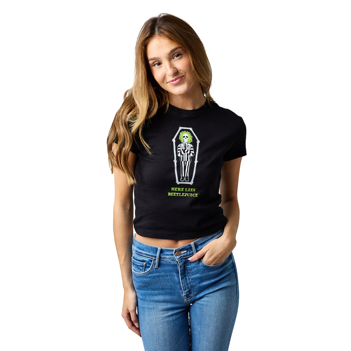 Beetlejuice Here Lies Betelgeuse Women's Black Crew Neck Short Sleeve 18" Baby Tee