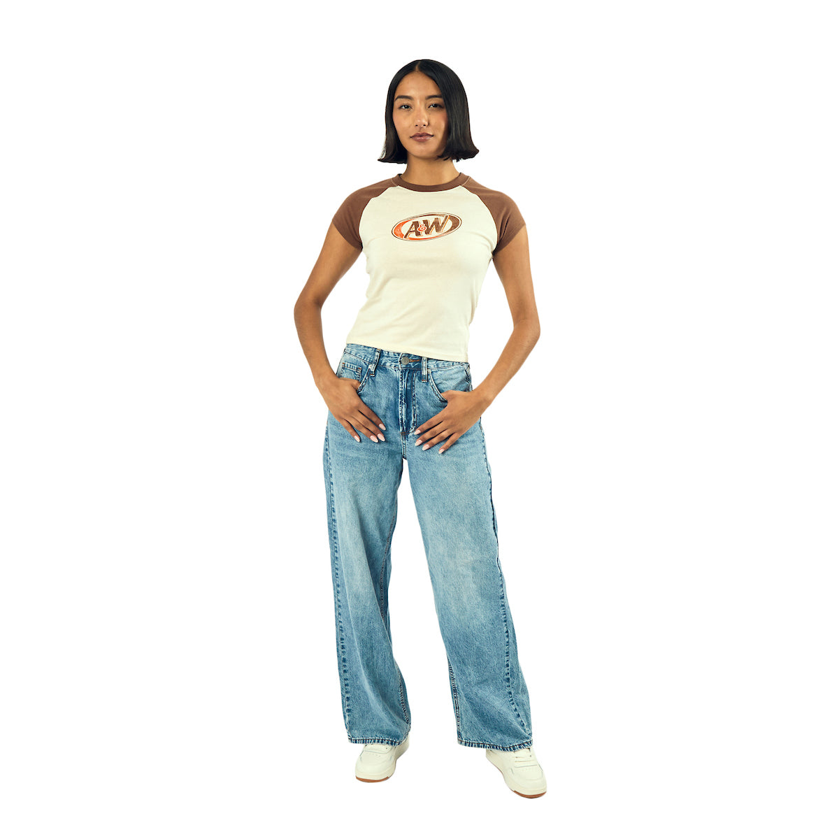 A&W Logo Women's White Crew Neck Short Sleeve Baby Raglan Tee