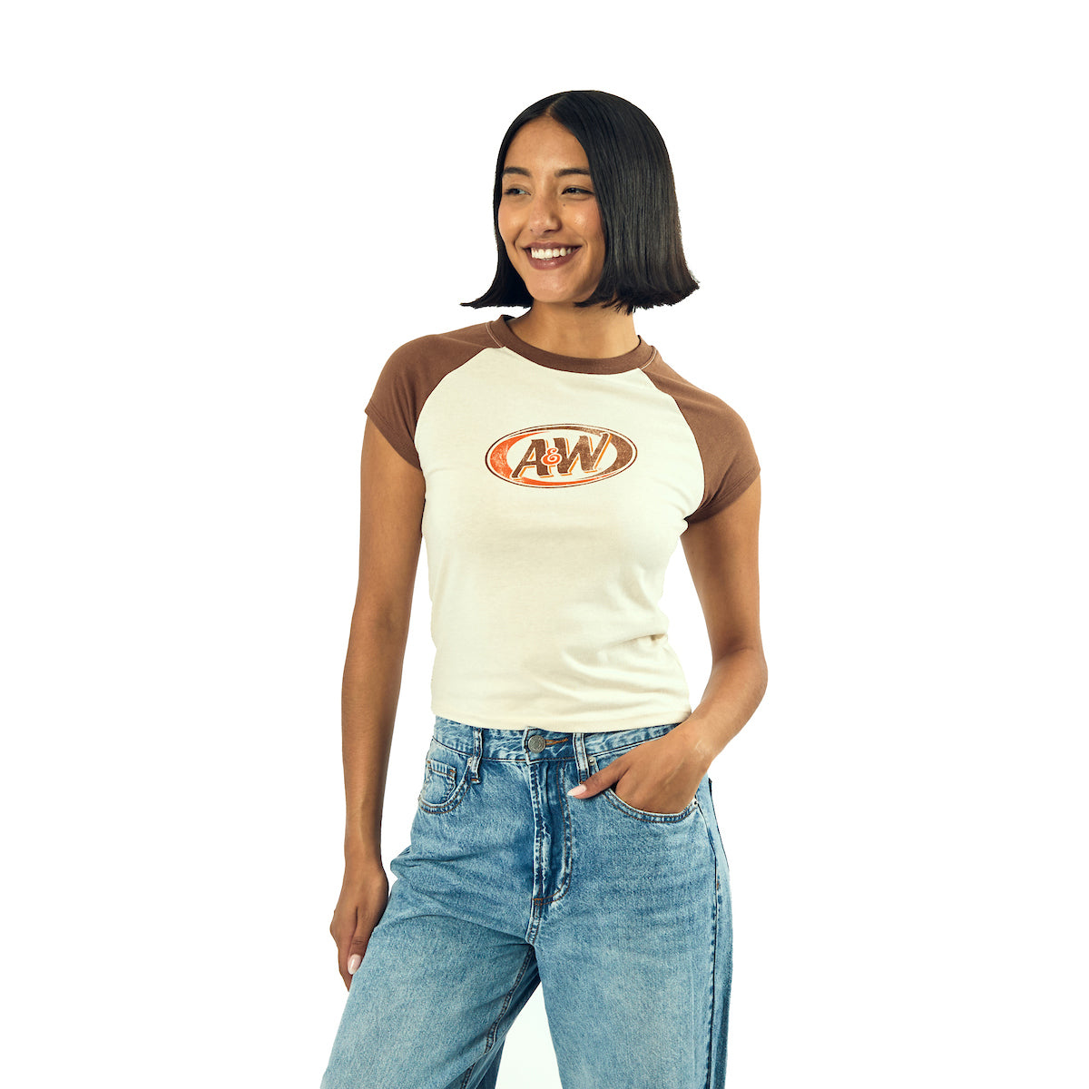 A&W Logo Women's White Crew Neck Short Sleeve Baby Raglan Tee