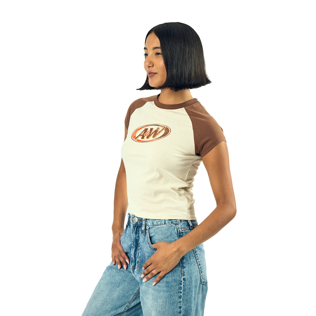 A&W Logo Women's White Crew Neck Short Sleeve Baby Raglan Tee