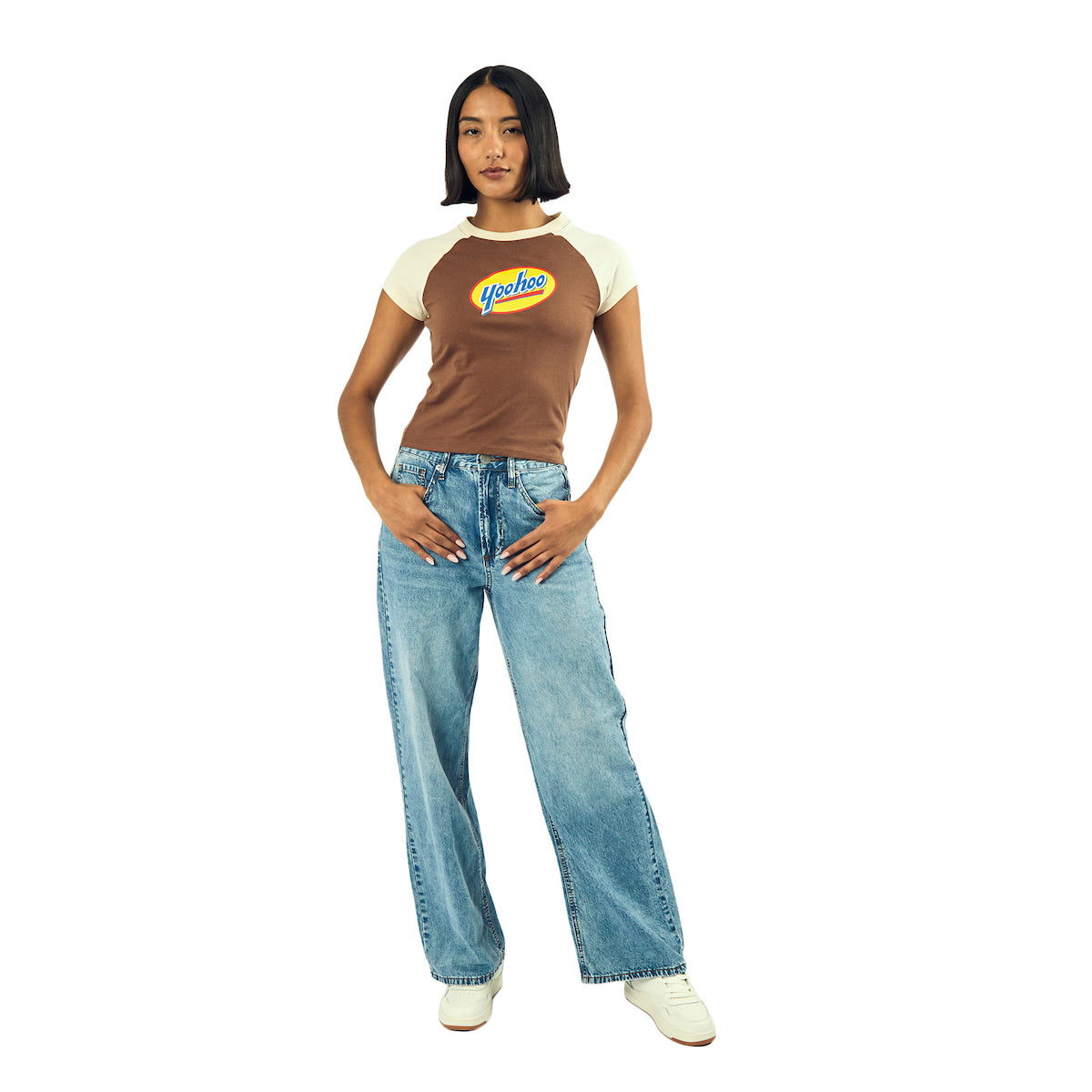 Yoo-Hoo Logo Women's Brown Crew Neck Short Sleeve Baby Raglan Tee