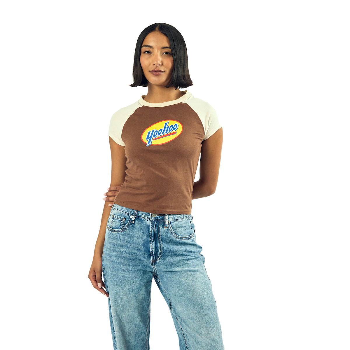 Yoo-Hoo Logo Women's Brown Crew Neck Short Sleeve Baby Raglan Tee