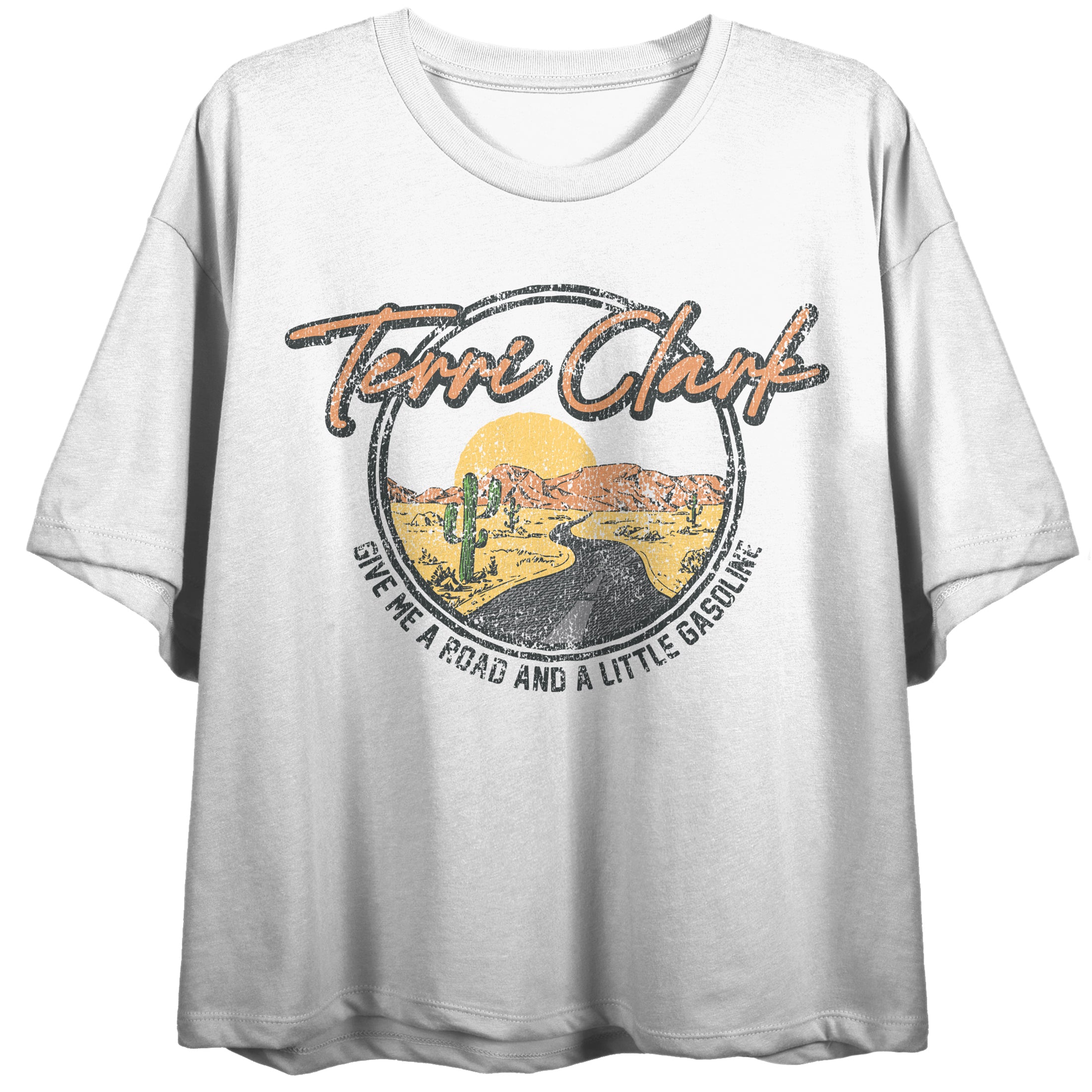 Terri Clark Give Me A Road And A Little Gasoline Crew Neck Short Sleeve Women's White Crop Top