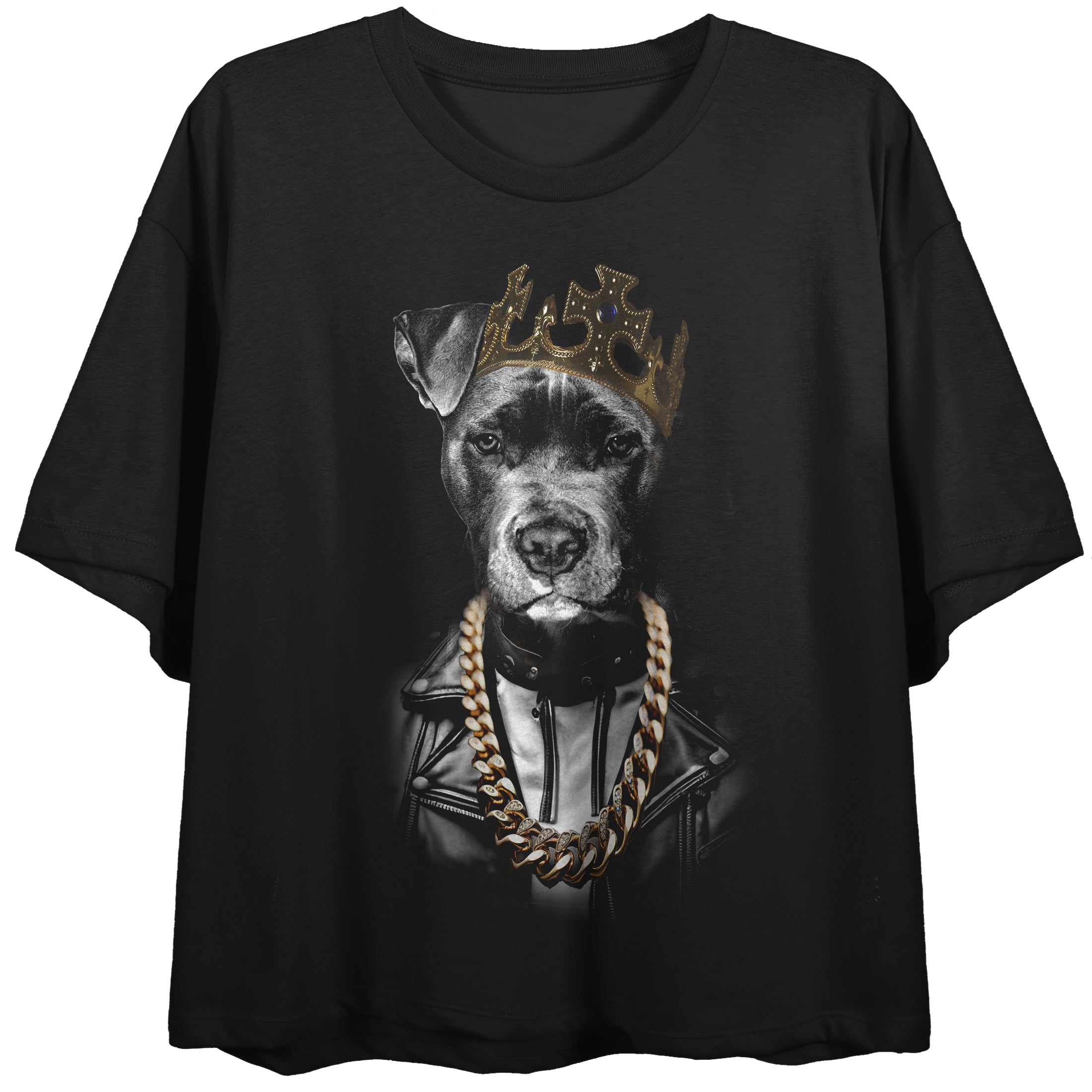 Dog With Leather Jacket & Crown Crew Neck Short Sleeve Women's Black Crop Top