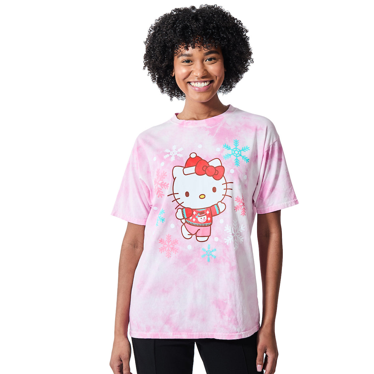 Hello Kitty Christmas Snowflakes Women's Pink Cloud Wash Crew Neck Short Sleeve T-shirt