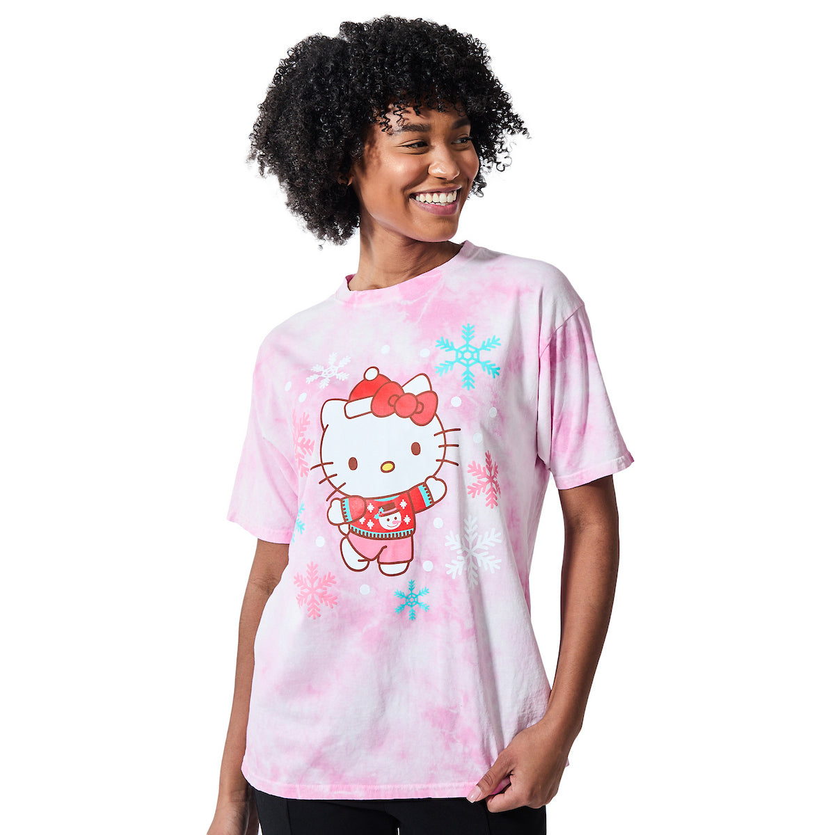 Hello Kitty Christmas Snowflakes Women's Pink Cloud Wash Crew Neck Short Sleeve T-shirt