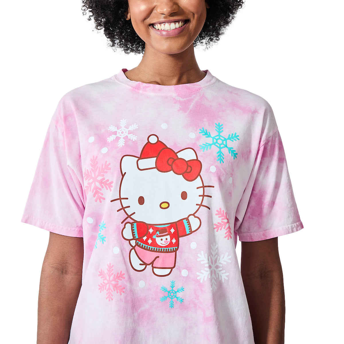 Hello Kitty Christmas Snowflakes Women's Pink Cloud Wash Crew Neck Short Sleeve T-shirt