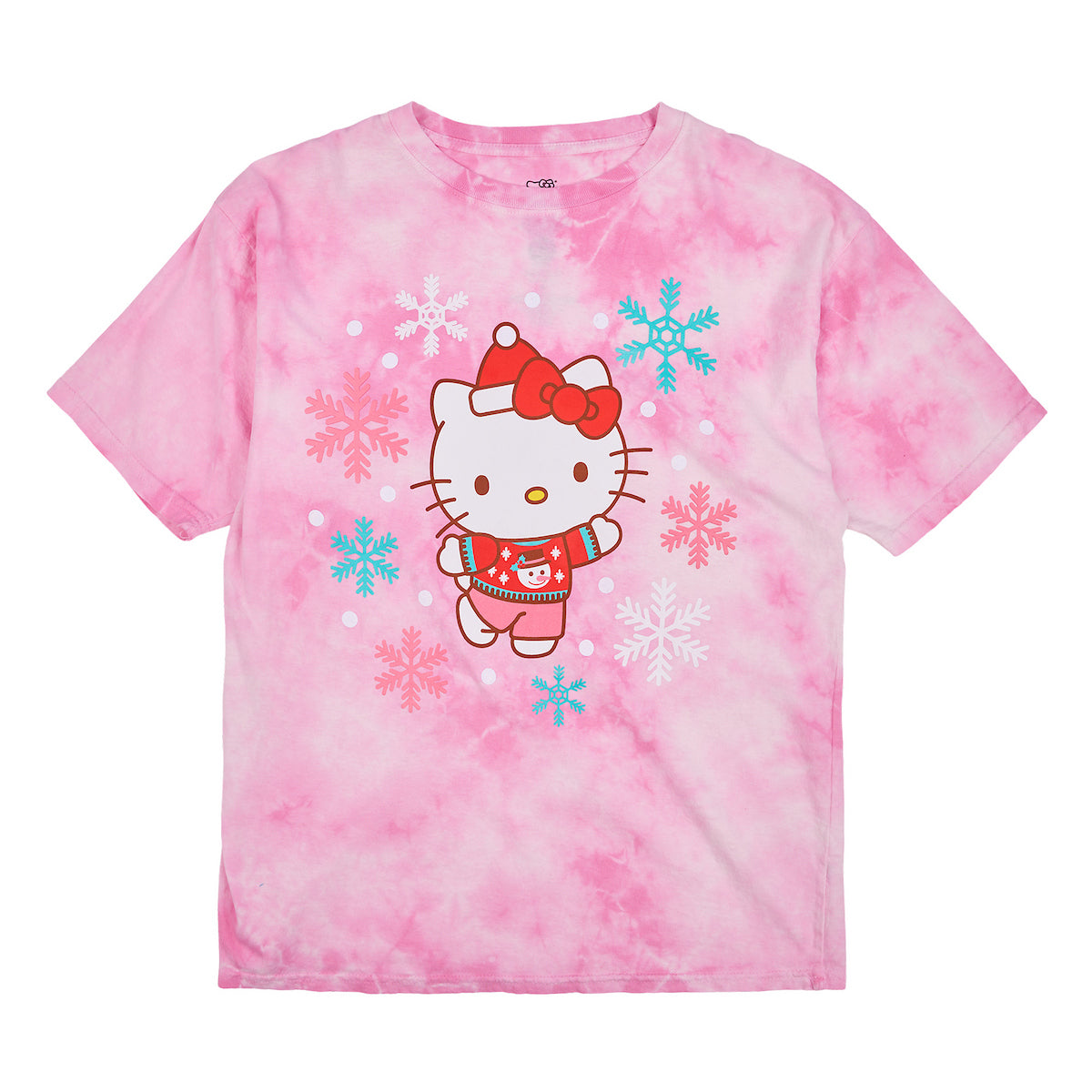 Hello Kitty Christmas Snowflakes Women's Pink Cloud Wash Crew Neck Short Sleeve T-shirt