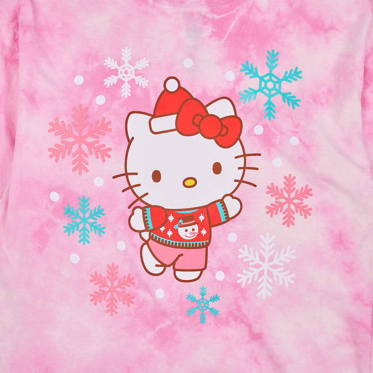 Hello Kitty Christmas Snowflakes Women's Pink Cloud Wash Crew Neck Short Sleeve T-shirt