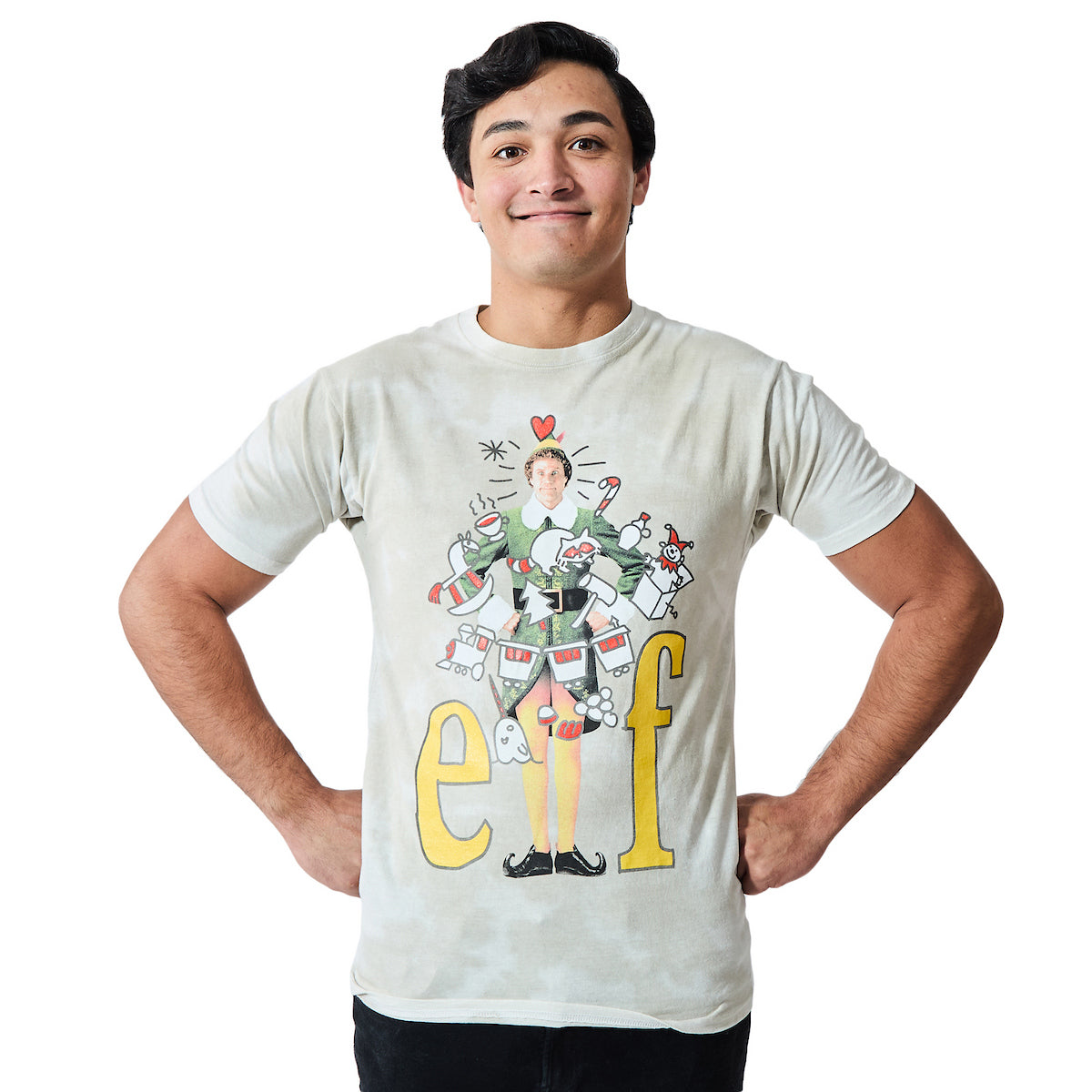 Elf Buddy Wrapped In Christmas Lights Movie Logo Adult Unisex Cloud Wash Crew Neck Short Sleeve T-shirt