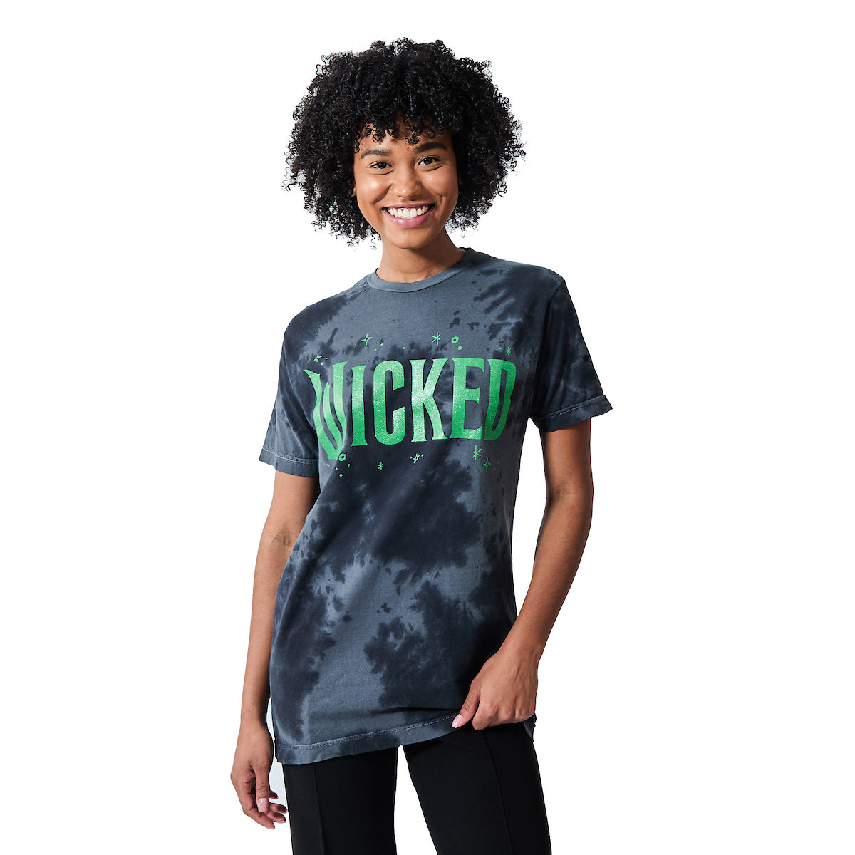 Wicked Green Glitter Print Movie Logo Black Cloud Wash Crew Neck Short Sleeve T-shirt-Medium