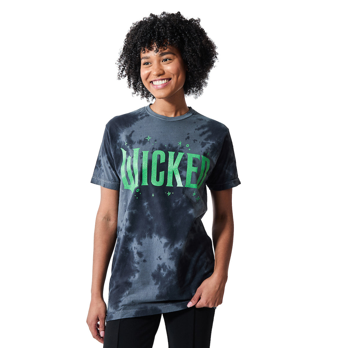 Wicked Green Glitter Print Movie Logo Men's Black Cloud Wash Crew Neck Short Sleeve T-shirt