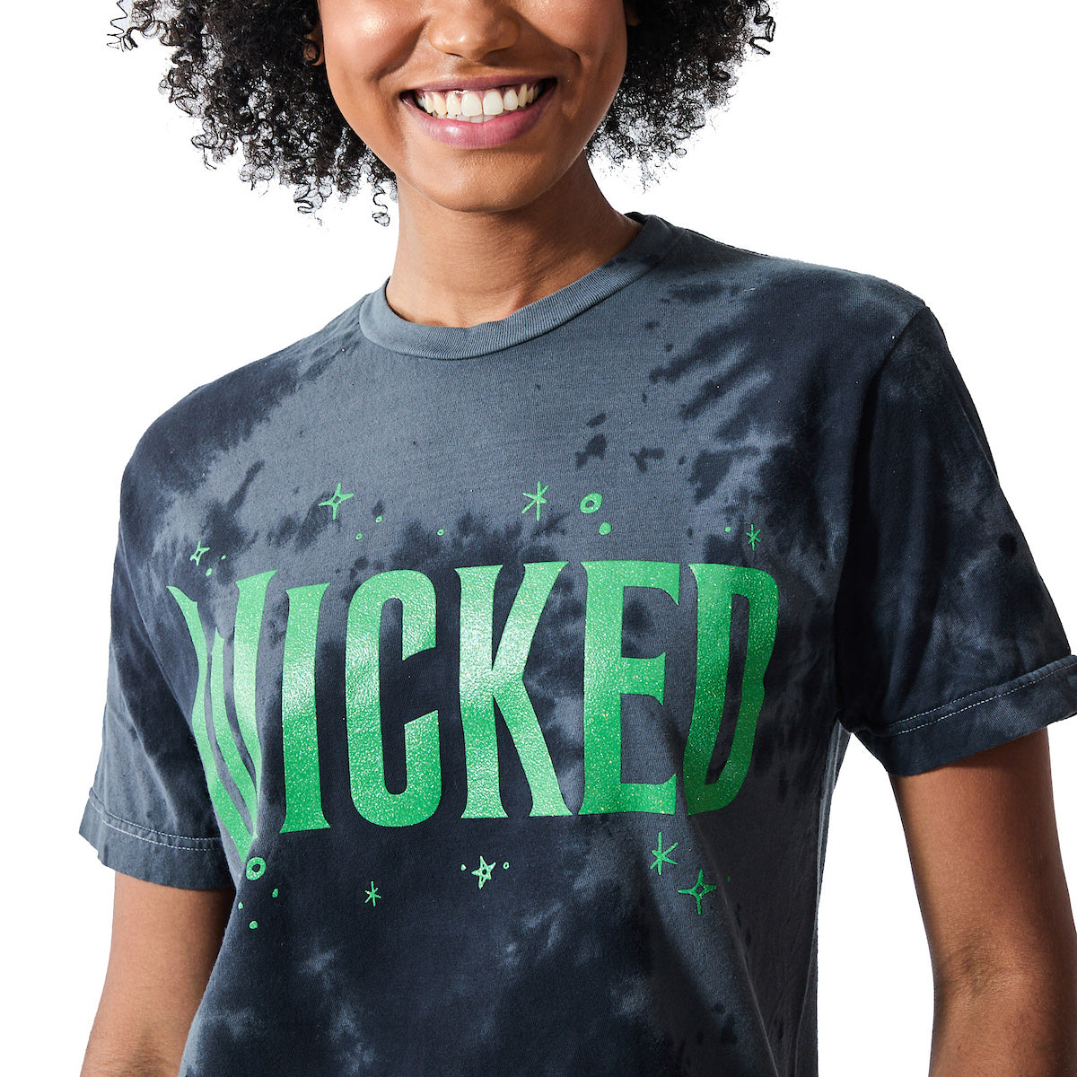 Wicked Green Glitter Print Movie Logo Black Cloud Wash Crew Neck Short Sleeve T-shirt-Medium