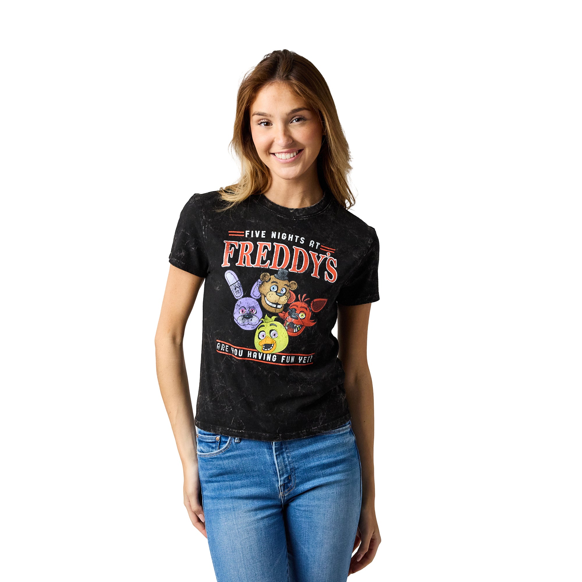 Five Nights At Freddy's Having Fun Yet Women's Black Mineral Wash Crew Neck Short Sleeve T-shirt