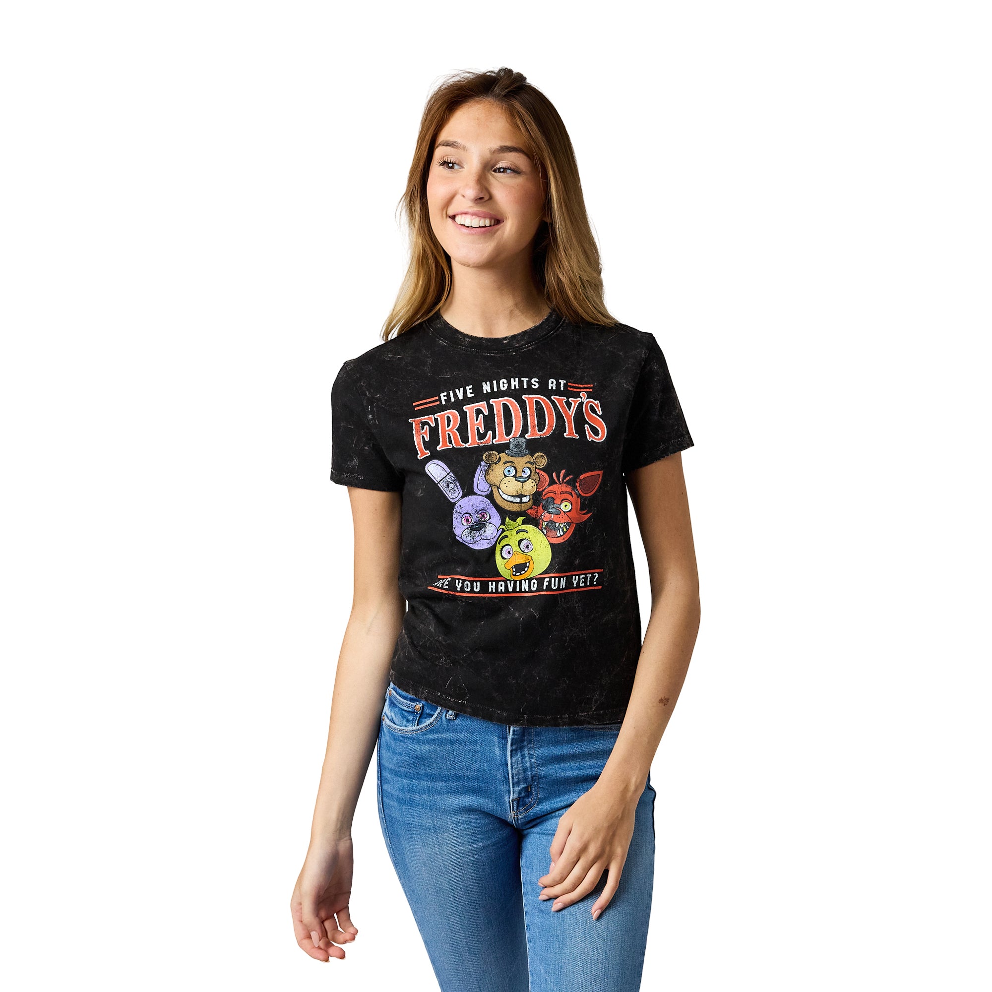 Five Nights At Freddy's Having Fun Yet Women's Black Mineral Wash Crew Neck Short Sleeve T-shirt