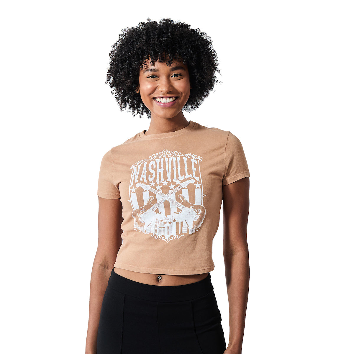 Nashville Guitars & Cityscape Women's Brown Crew Neck Short Sleeve Baby Tee