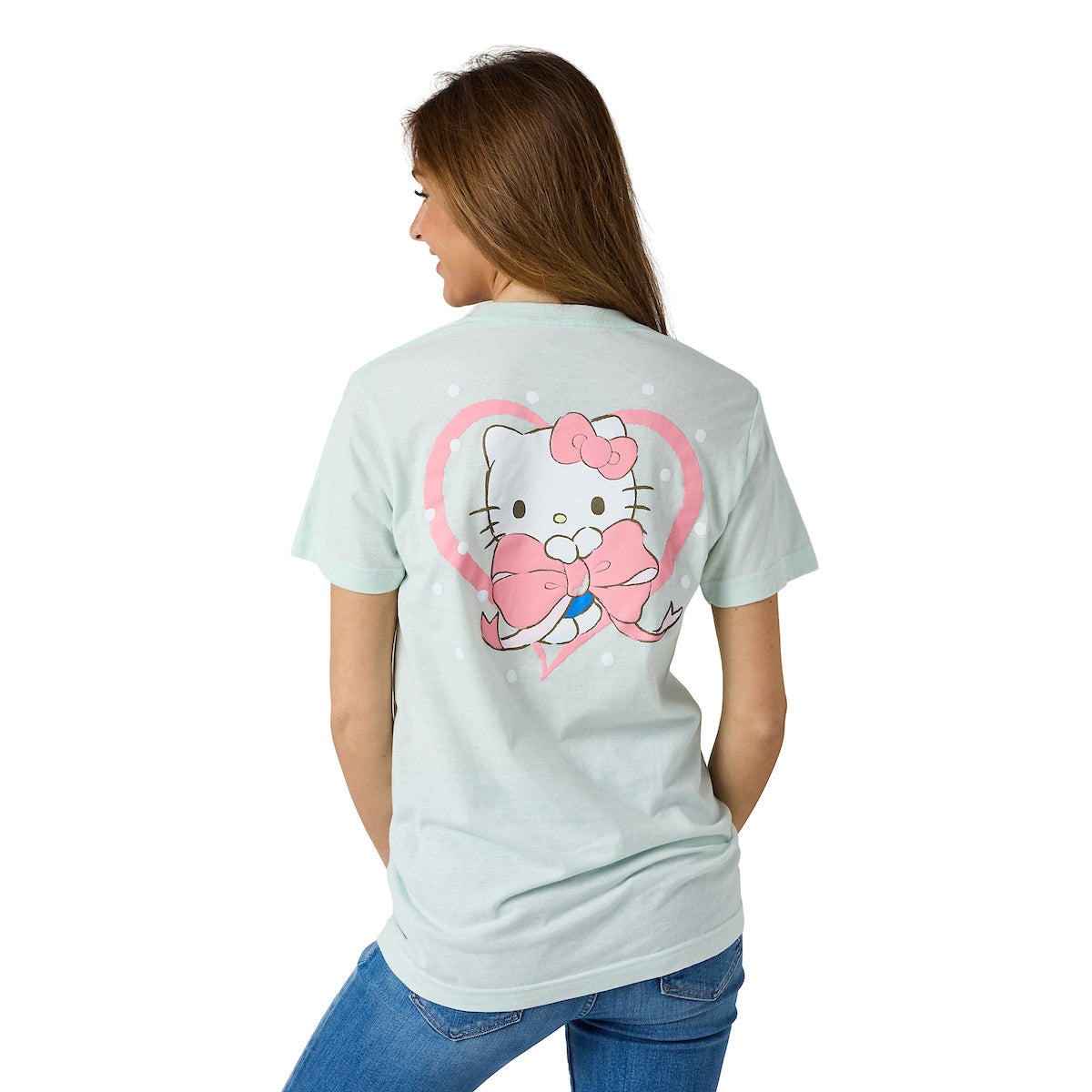 Hello Kitty Puff Print Character With Bow & Heart Women's Light Green Crew Neck Short Sleeve T-shirt