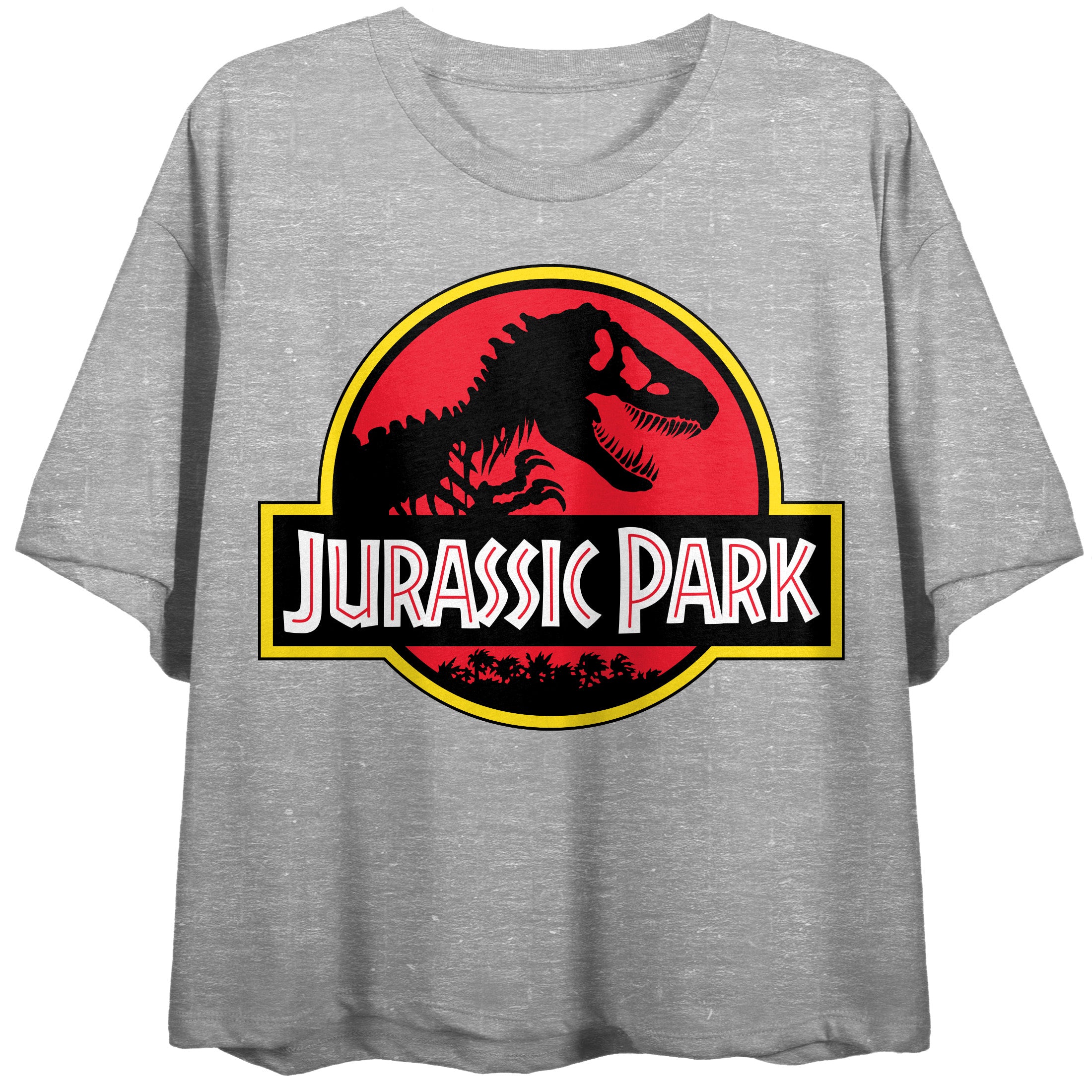 Jurassic Park Logo Women's Athletic Heather Crew Neck Short Sleeve Crop Top