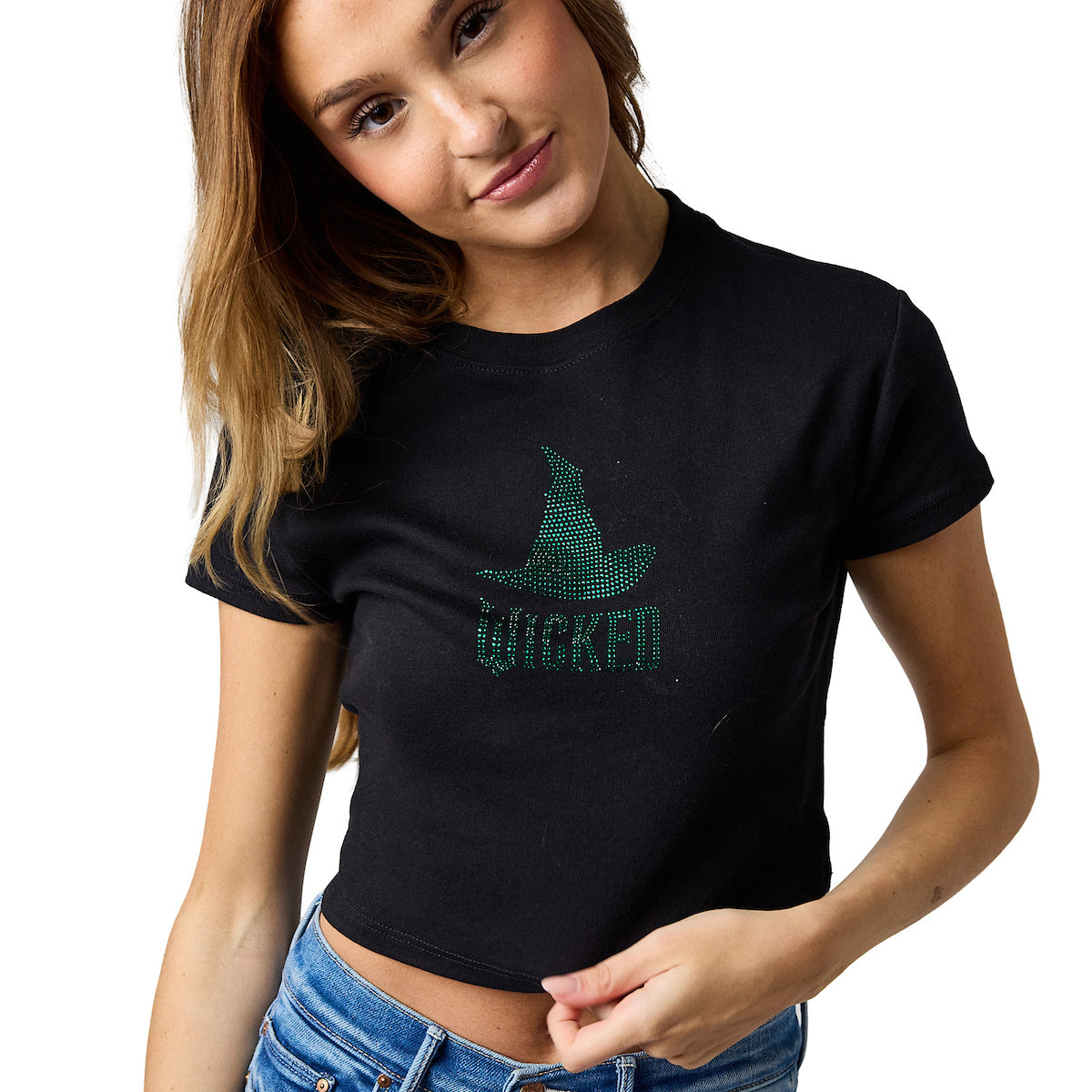 Wicked Green Rhinestone Witch Hat Women's Black Crew Neck Short Sleeve Baby Tee
