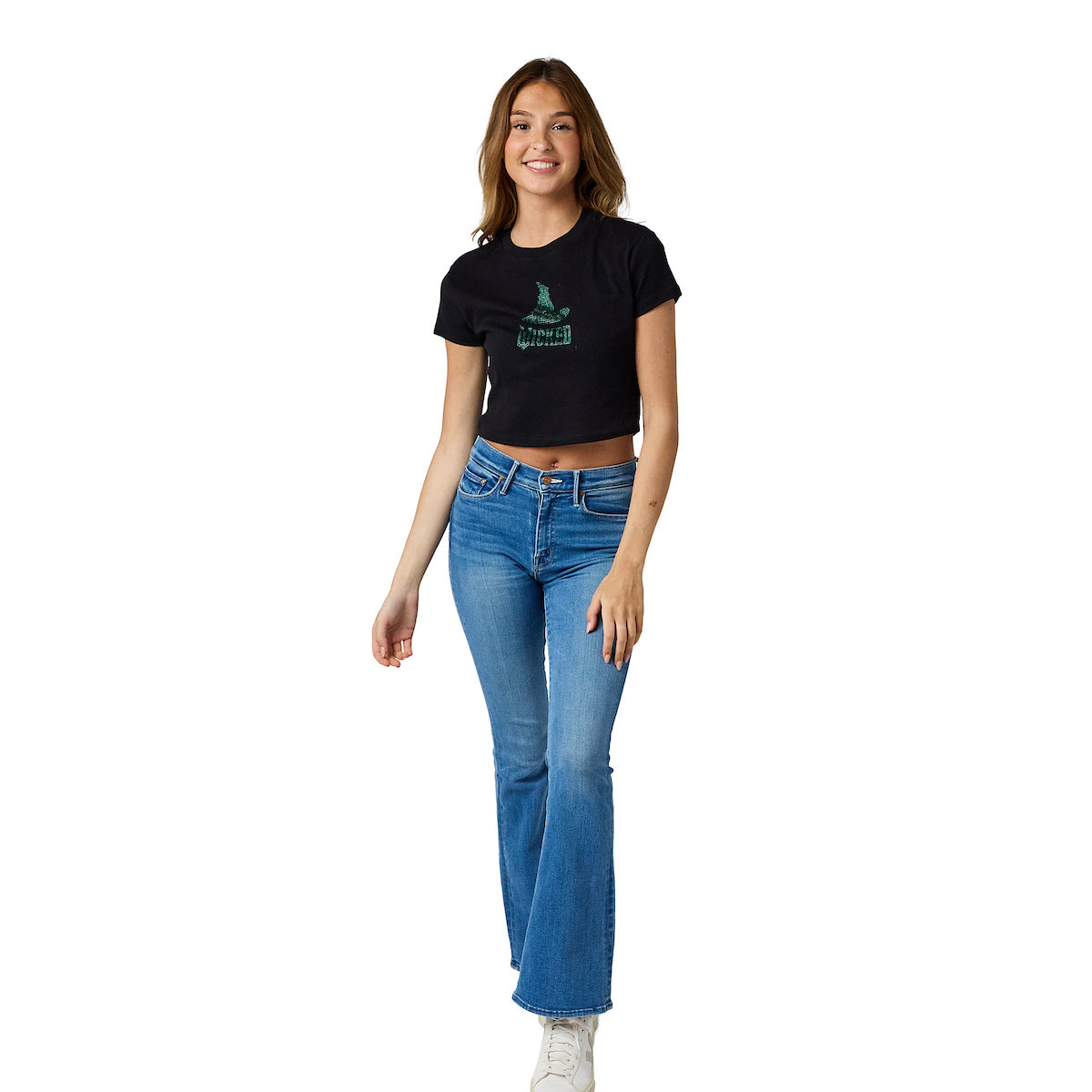 Wicked Green Rhinestone Witch Hat Women's Black Crew Neck Short Sleeve Baby Tee