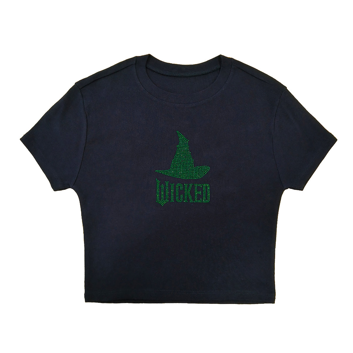 Wicked Green Rhinestone Witch Hat Women's Black Crew Neck Short Sleeve Baby Tee