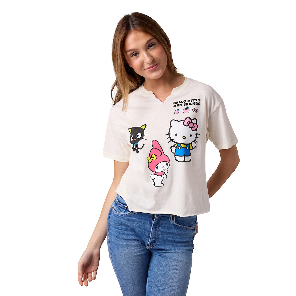 Hello Kitty & Friends Chococat My Melody & Hello Kitty Women's Sand V-Neck Short Sleeve Cropped Tee