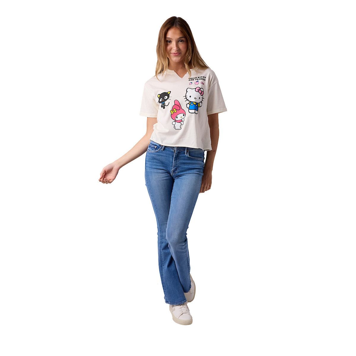 Hello Kitty & Friends Chococat My Melody & Hello Kitty Women's Sand V-Neck Short Sleeve Cropped Tee