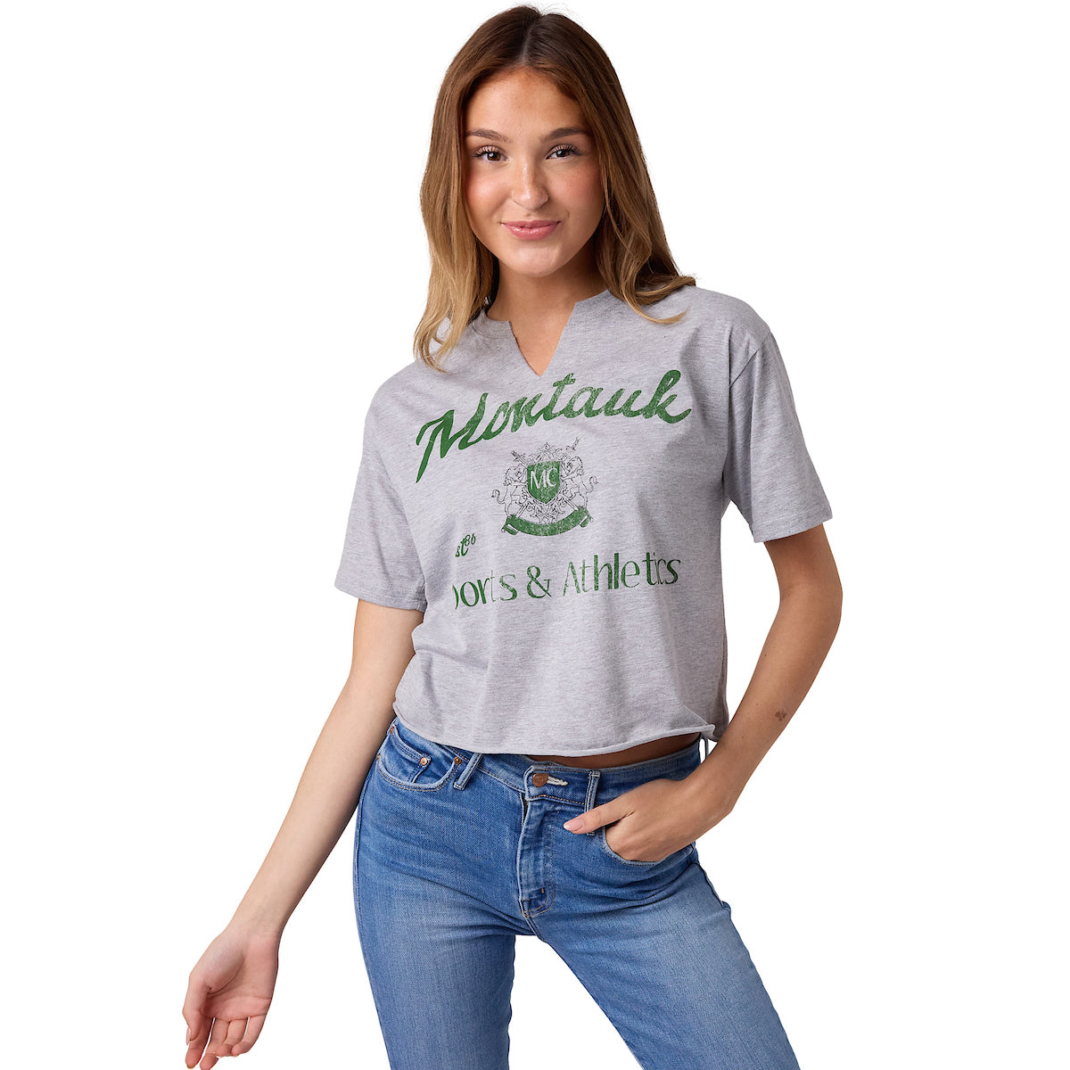 Montauk Sports & Athletics Women's Athletic Heater V-Neck Short Sleeve Cropped Tee