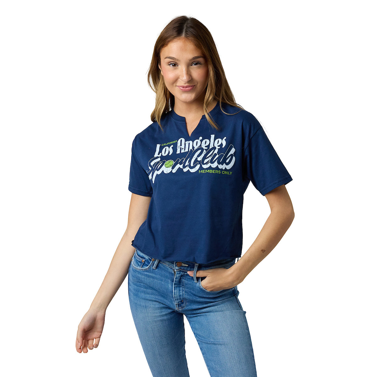 Los Angeles California Women's Navy V-Neck Short Sleeve Cropped Tee