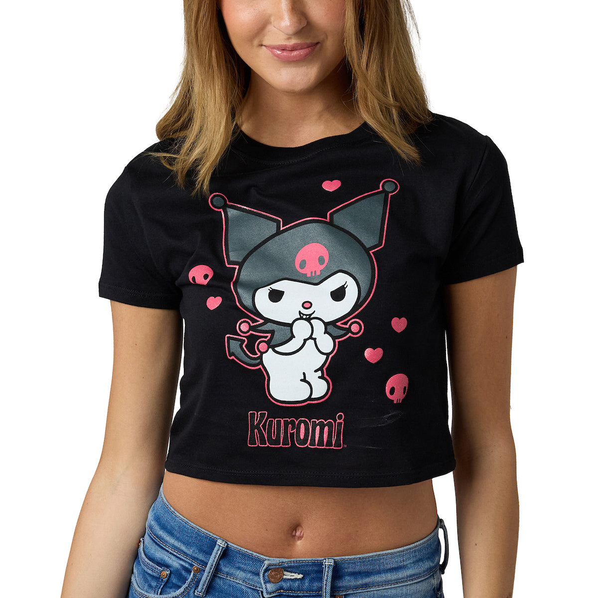 Kuromi Hearts & Skulls Women's Black Cropped Baby Tee
