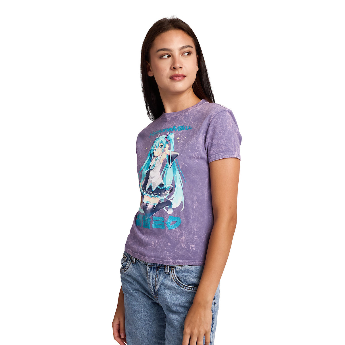 Hatsune Miku Teal Kanji Women's Purple Mineral Wash Crew Neck Short Sleeve Cropped Baby Tee