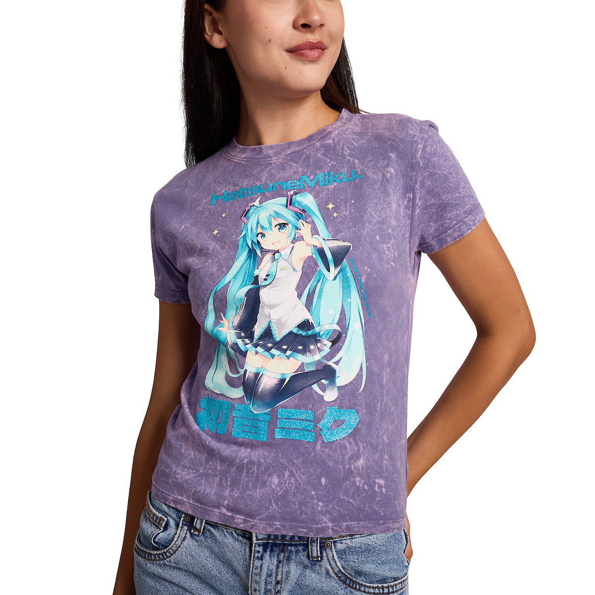 Hatsune Miku Teal Kanji Women's Purple Mineral Wash Crew Neck Short Sleeve Cropped Baby Tee