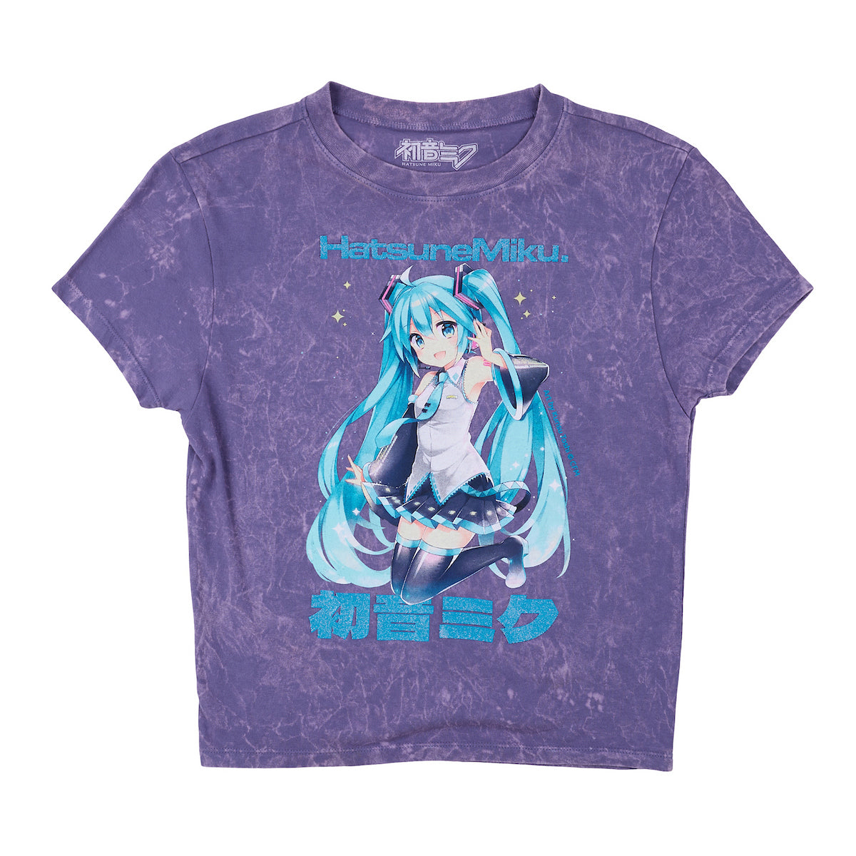 Hatsune Miku Teal Kanji Women's Purple Mineral Wash Crew Neck Short Sleeve Cropped Baby Tee
