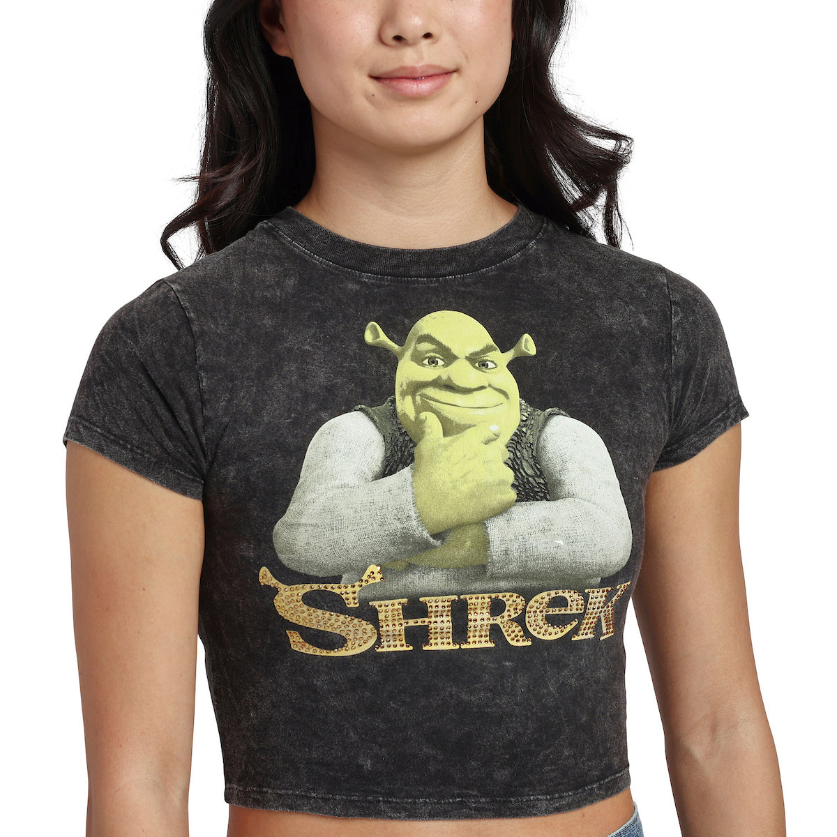 Shrek Character Logo Women's Black MIneral Wash Crew Neck Short Sleeve Cropped Baby Tee