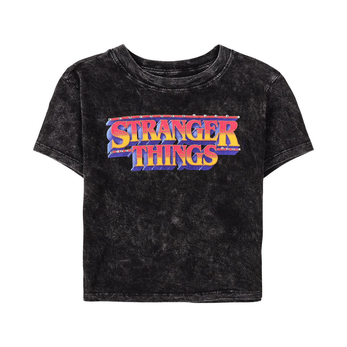 Stranger Things Logo Women's Black Mineral Wash Crew Neck Short Sleeve Cropped Baby Tee