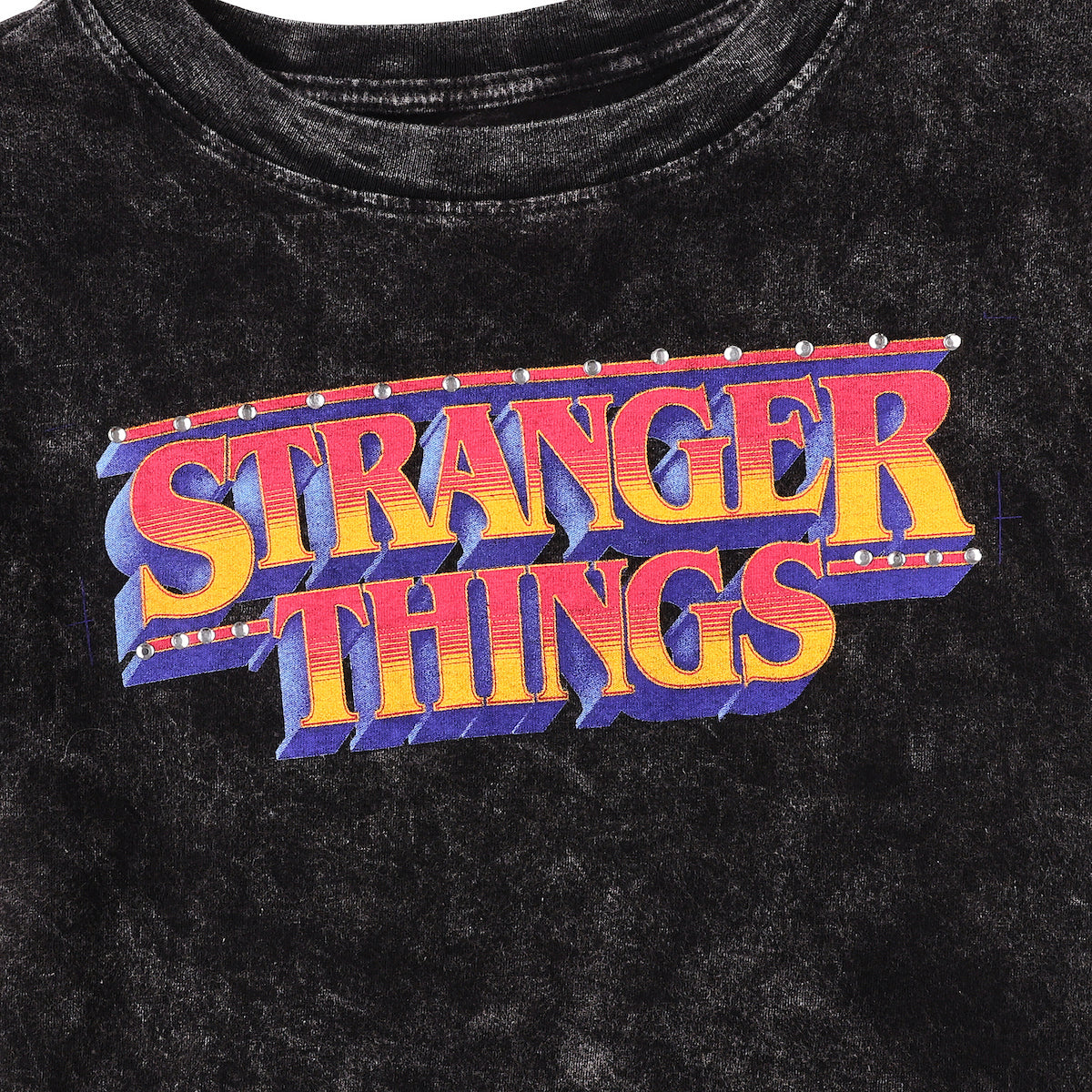 Stranger Things Logo Women's Black Mineral Wash Crew Neck Short Sleeve Cropped Baby Tee