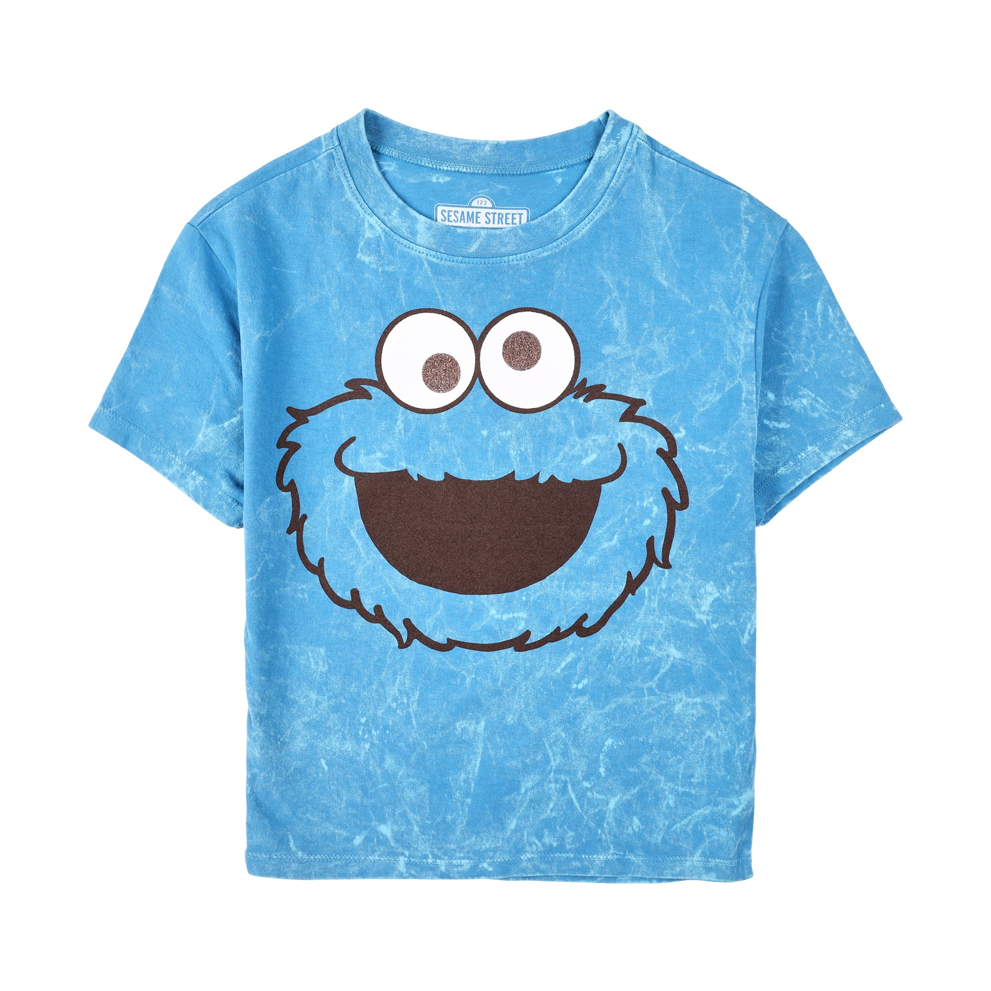 Sesame Street Cookie Monster Face Women's Blue Mineral Wash Crew Neck Short Sleeve Cropped Baby Tee
