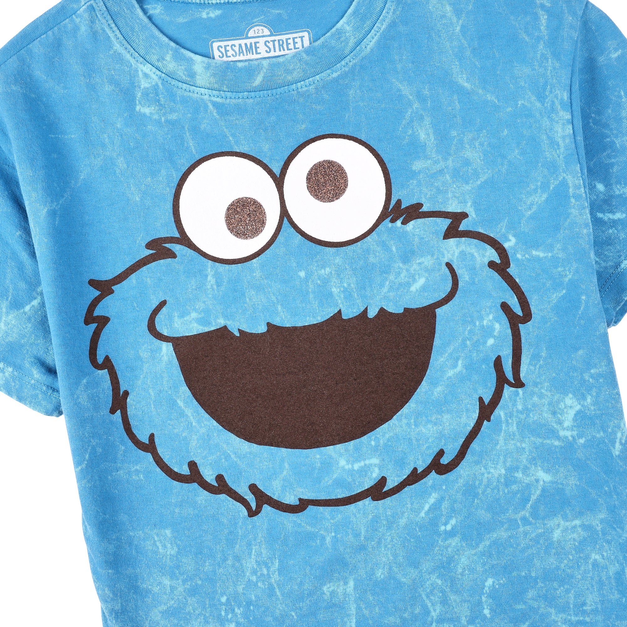 Sesame Street Cookie Monster Face Women's Blue Mineral Wash Crew Neck Short Sleeve Cropped Baby Tee