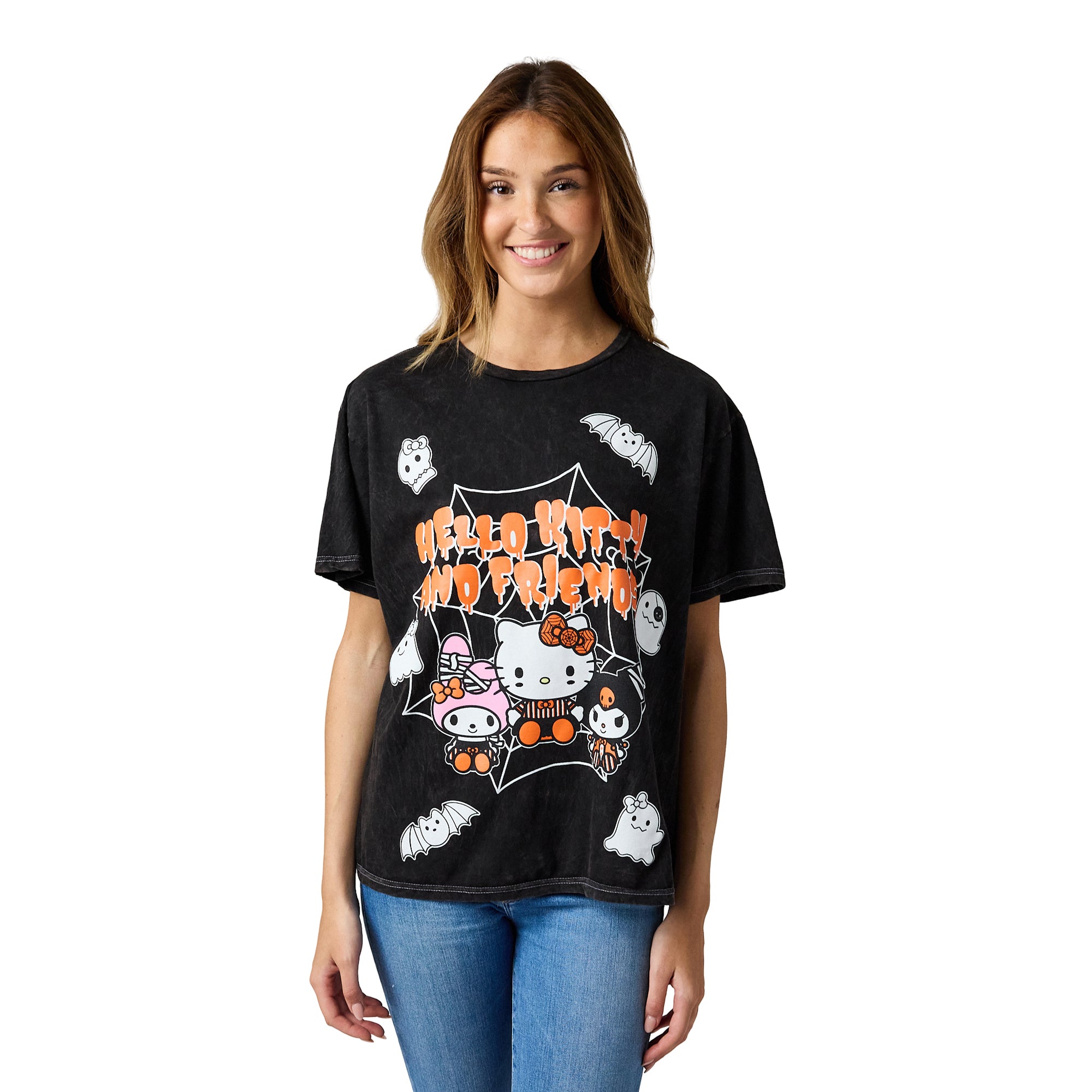 Hello Kitty Halloween Spiderweb Ghosts and Bats Women's Tee on Black Mineral Wash
